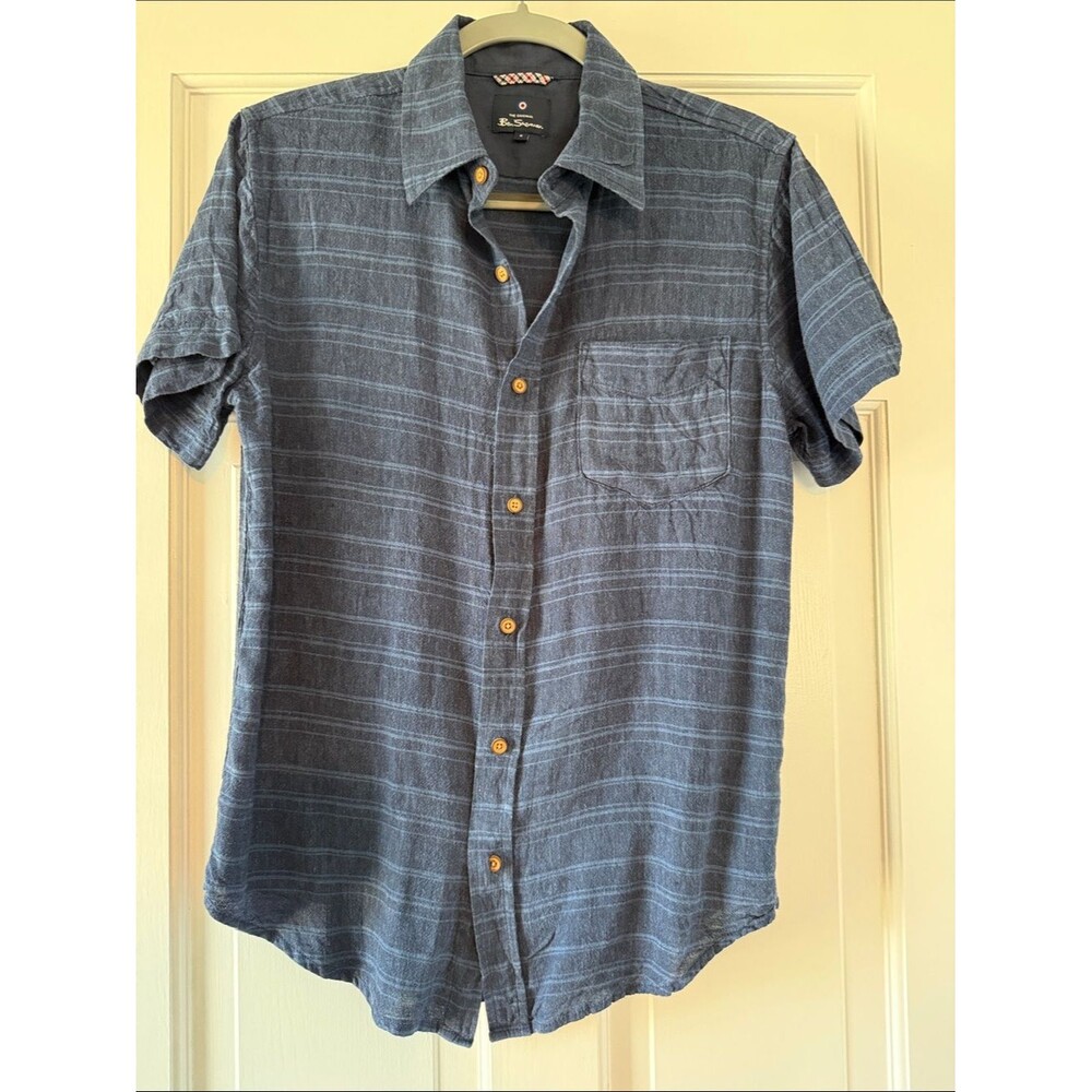 Ben Sherman Linen Blend Classic Men's Short-Sleeve Button-Up Shirt - Blue